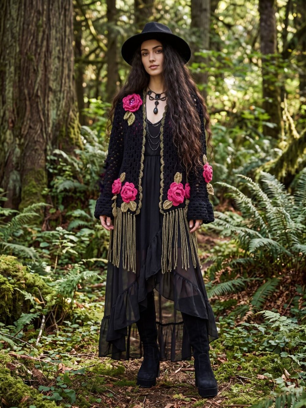 Boho Black Granny Square Sweater with Roses Floral and Fringe L